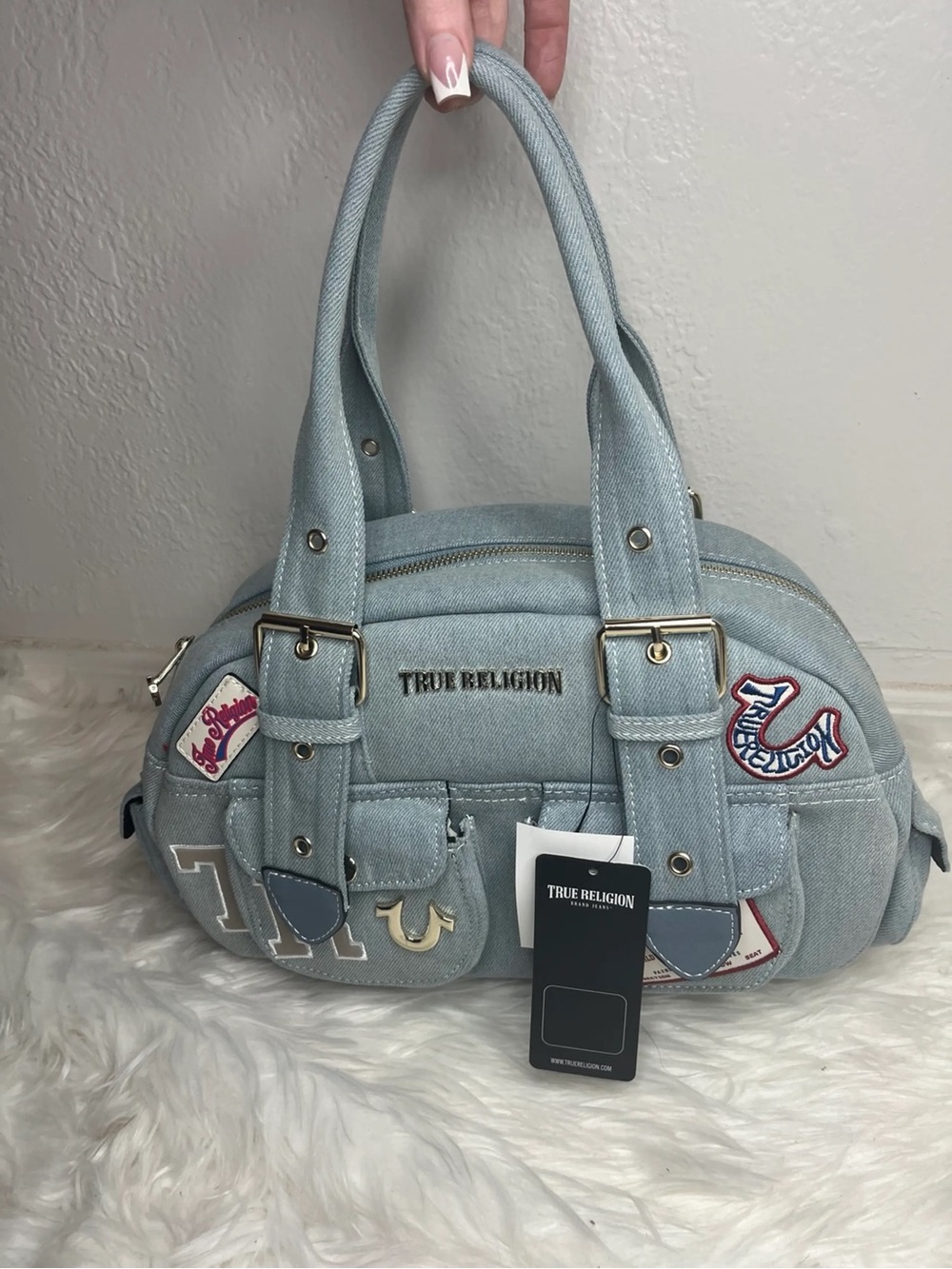 True Religion Pale Denim Shoulder Bag with Patch Accents